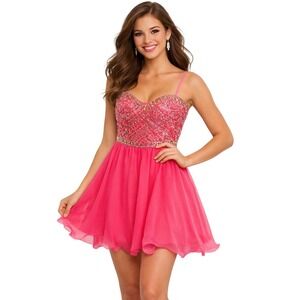 Mori Lee Madeline Gardner Neon Pink Beaded Chiffon Homecoming Dress 9234 Size 10